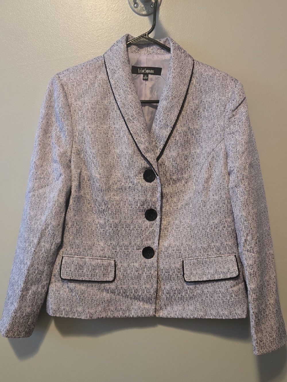 Le Suit Women's Tweed Blazer Jacket Purple With Black Trim Size 12 Lined